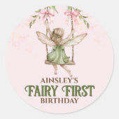 Roze Bow Fairy Eerste 1e verjaardag gepersonalisee Ronde Sticker (Voorkant)
