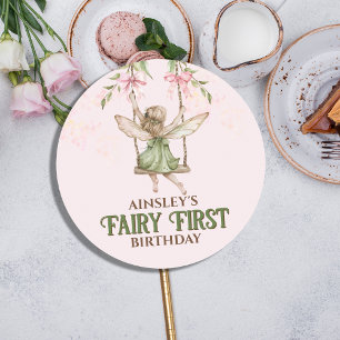 Roze Bow Fairy Eerste 1e verjaardag gepersonalisee Ronde Sticker