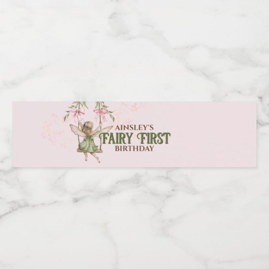 Roze Bow Fairy Eerste 1e verjaardag gepersonalisee Waterfles Etiket (Enkel label)