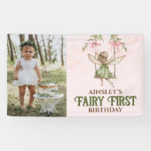 Roze Bow Fairy Eerste 1e Verjaardag Schattigee Fot Spandoek (Horizontaal)