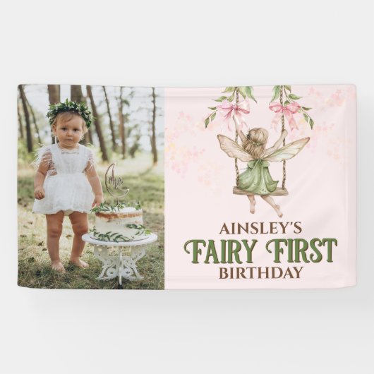 Roze Bow Fairy Eerste 1e Verjaardag Schattigee Fot Spandoek (Horizontaal)