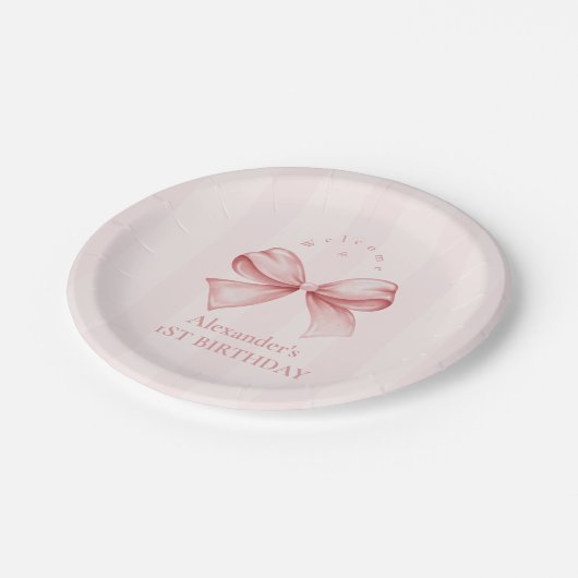 Roze Bow Fancy Een Meisje 1e Verjaardag Papieren Bordje (Gekanteld)