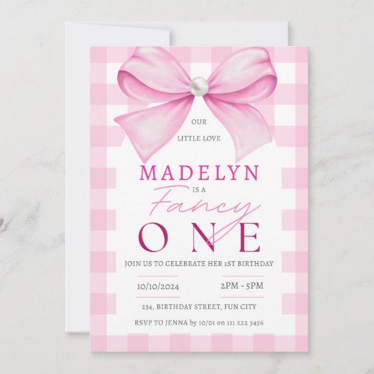 Roze Bow Fancy Een Meisje Chic Coquette 1e Verjaar Kaart (Voorkant)