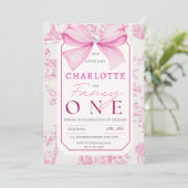 Roze Bow Fancy Een Meisje Chic Coquette 1e Verjaar Kaart (Staand voorkant)