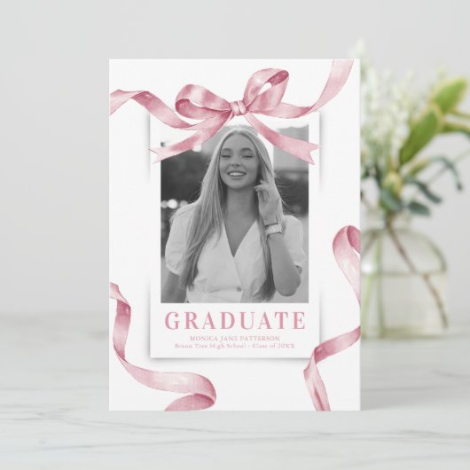Roze Bow Foto Afstudeerfeest Kaart (Staand voorkant)