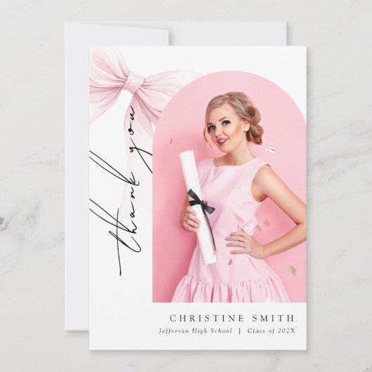 Roze Bow Foto Afstuderen Arch Dank u kaart (Voorkant)