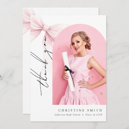 Roze Bow Foto Afstuderen Arch Dank u kaart (Voorkant / Achterkant)