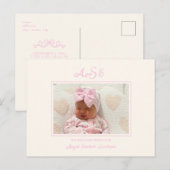 Roze Bow Foto Beige Birth Announding Briefkaart (Voorkant / Achterkant)