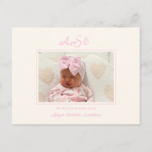 Roze Bow Foto Beige Birth Announding Briefkaart