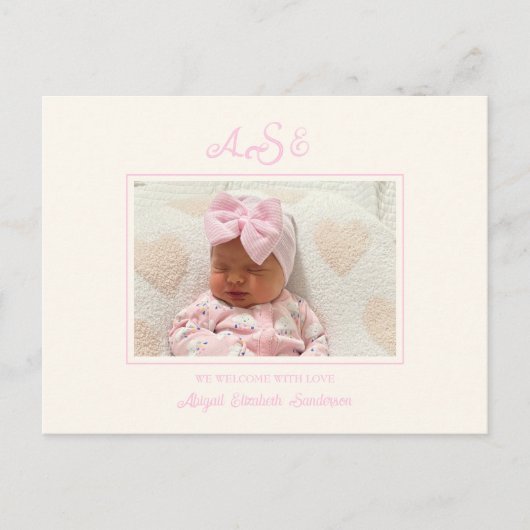 Roze Bow Foto Beige Birth Announding Briefkaart (Voorkant)