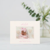 Roze Bow Foto Beige Birth Announding Briefkaart (Staand voorkant)