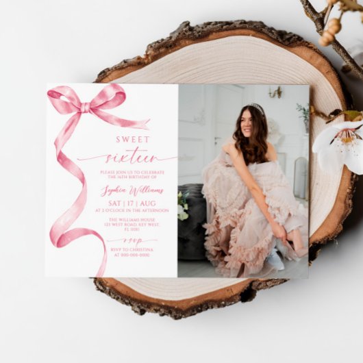 Roze Bow Foto Sweet 16 Verjaardag Uitnodiging