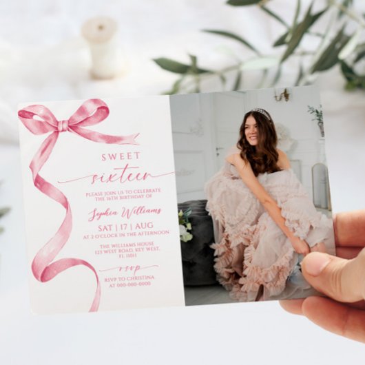 Roze Bow Foto Sweet 16 Verjaardag Uitnodiging