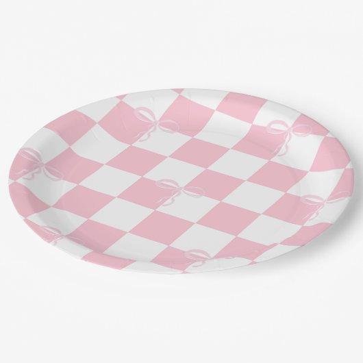 Roze Bow geruit Girly Bachelorette Party Papieren Bordje (Gekanteld)