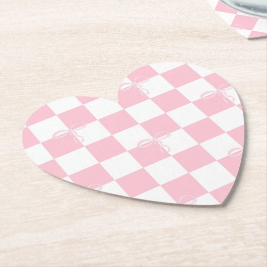 Roze Bow geruit Girly Heart Shaped Kartonnen Onderzetters (Gekanteld)