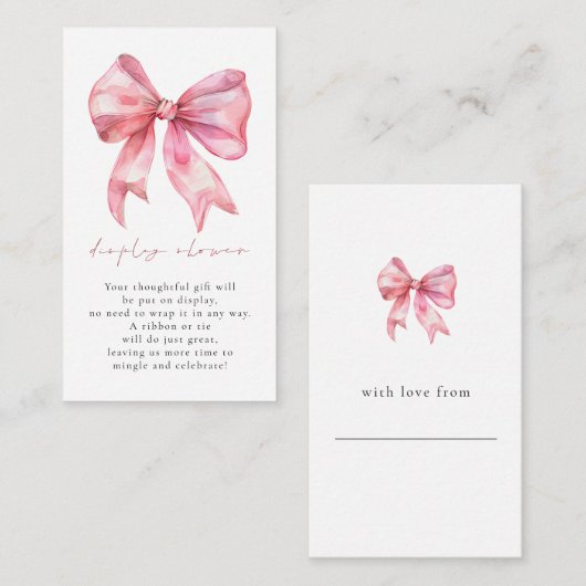 Roze Bow Gift Label op Terug Baby Display Douche Informatiekaartje (Voorkant / Achterkant)