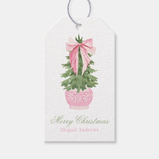 Roze Bow Ginger Jar Kerstboom Foto Cadeaulabel (Voorkant)