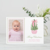 Roze Bow Ginger Jar Kerstboom Foto Feestdagenkaart (Staand voorkant)