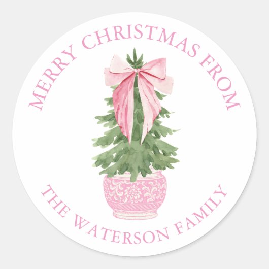 Roze Bow Ginger Jar Kerstboom Gift Ronde Sticker (Voorkant)