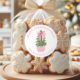 Roze Bow Ginger Jar Kerstboom Gift Ronde Sticker