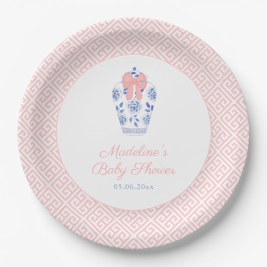 Roze Bow Ginger Jar Meisje Baby shower Party Papieren Bordje (Voorkant)