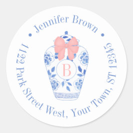  Roze Bow Ginger Jar Monogram Retouradres Ronde Sticker
