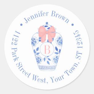  Roze Bow Ginger Jar Monogram Retouradres Ronde Sticker