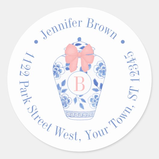 Roze Bow Ginger Jar Monogram Retouradres Ronde Sticker (Voorkant)
