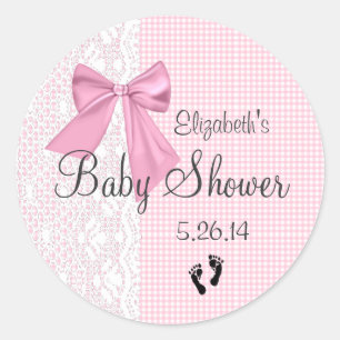 Roze Bow Gingham and Lace Baby shower Favor Ronde Sticker
