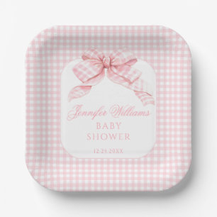 Roze Bow Gingham Coquette Baby Meisje Douche Papieren Bordje