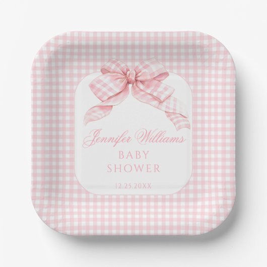 Roze Bow Gingham Coquette Baby Meisje Douche Papieren Bordje (Voorkant)