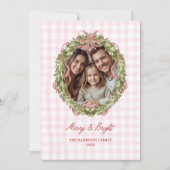 Roze Bow Gingham Kerstkrans Foto Feestdagenkaart (Voorkant)