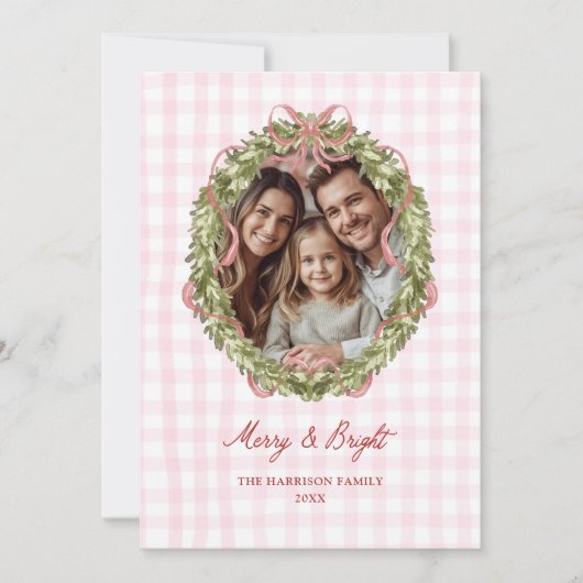 Roze Bow Gingham Kerstkrans Foto Feestdagenkaart (Voorkant)