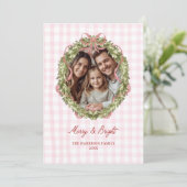 Roze Bow Gingham Kerstkrans Foto Feestdagenkaart (Staand voorkant)