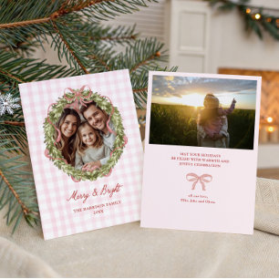 Roze Bow Gingham Kerstkrans Foto Feestdagenkaart