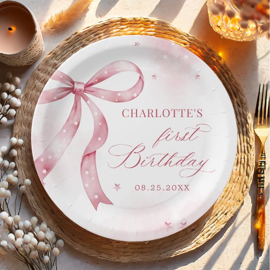 Roze Bow Girl 1e verjaardagsfeestje Papieren Bordje