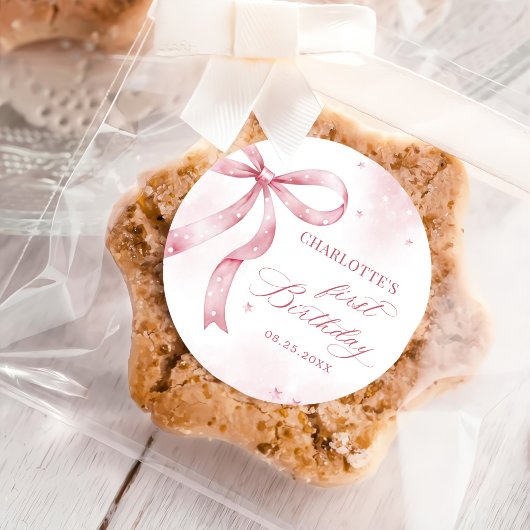 Roze Bow Girl 1e verjaardagsfeestje Ronde Sticker