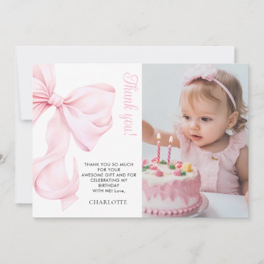 Roze Bow Girl Eerste Verjaardag Flat Bedankt Card (Voorkant)