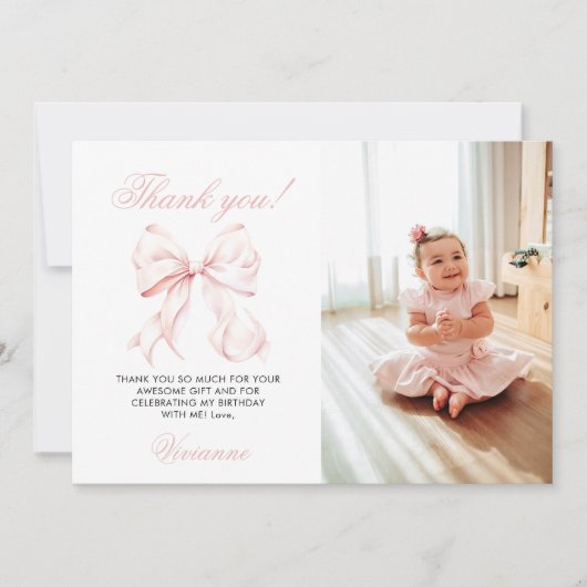 Roze Bow Girl Eerste Verjaardag Flat Bedankt Card (Voorkant)
