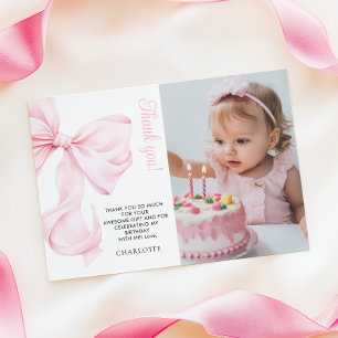 Roze Bow Girl Eerste Verjaardag Flat Bedankt Card