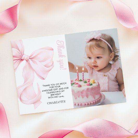 Roze Bow Girl Eerste Verjaardag Flat Bedankt Card