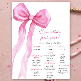 Roze Bow Girl Eerste Verjaardag Milestone Verjaard Poster