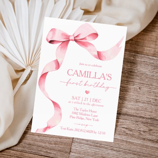 Roze Bow Girl Eerste Verjaardag Uitnodiging