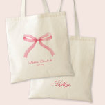 Roze Bow Girly Coquette Custom Bachelorette Party Tote Bag<br><div class="desc">Dit trendy coquette esthetische ontwerp met een roze strik biedt maatwerk met de naam van de bruid en de datum of locatie. Perfect om wat plezier en flair aan uw evenement toe te voegen.</div>