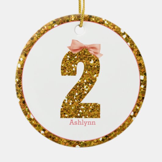 Roze Bow Gold Glitter Twee 2e verjaardag Keramisch Ornament (Voorkant)