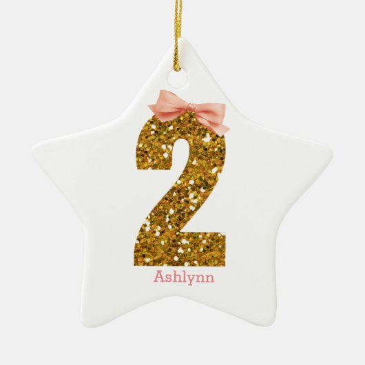 Roze Bow Gold Glitter Twee 2e verjaardag Keramisch Ornament (Voorkant)