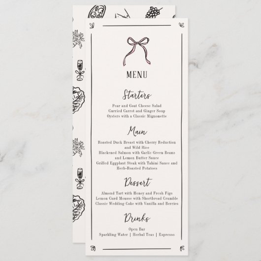 Roze Bow grillig, Hand getrokken bruiloft Flat Men Menu (Voorkant / Achterkant)