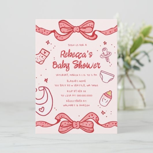 Roze Bow grillige Hand getrokken meisje Baby Brunc Kaart (Staand voorkant)