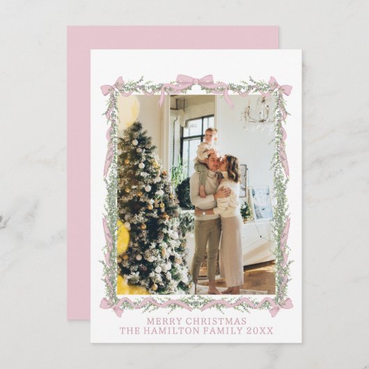 Roze Bow Groene Garland Gingham Kerstmis Foto Feestdagenkaart (Voorkant / Achterkant)