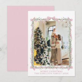 Roze Bow Groene Garland Gingham Kerstmis Foto Feestdagenkaart